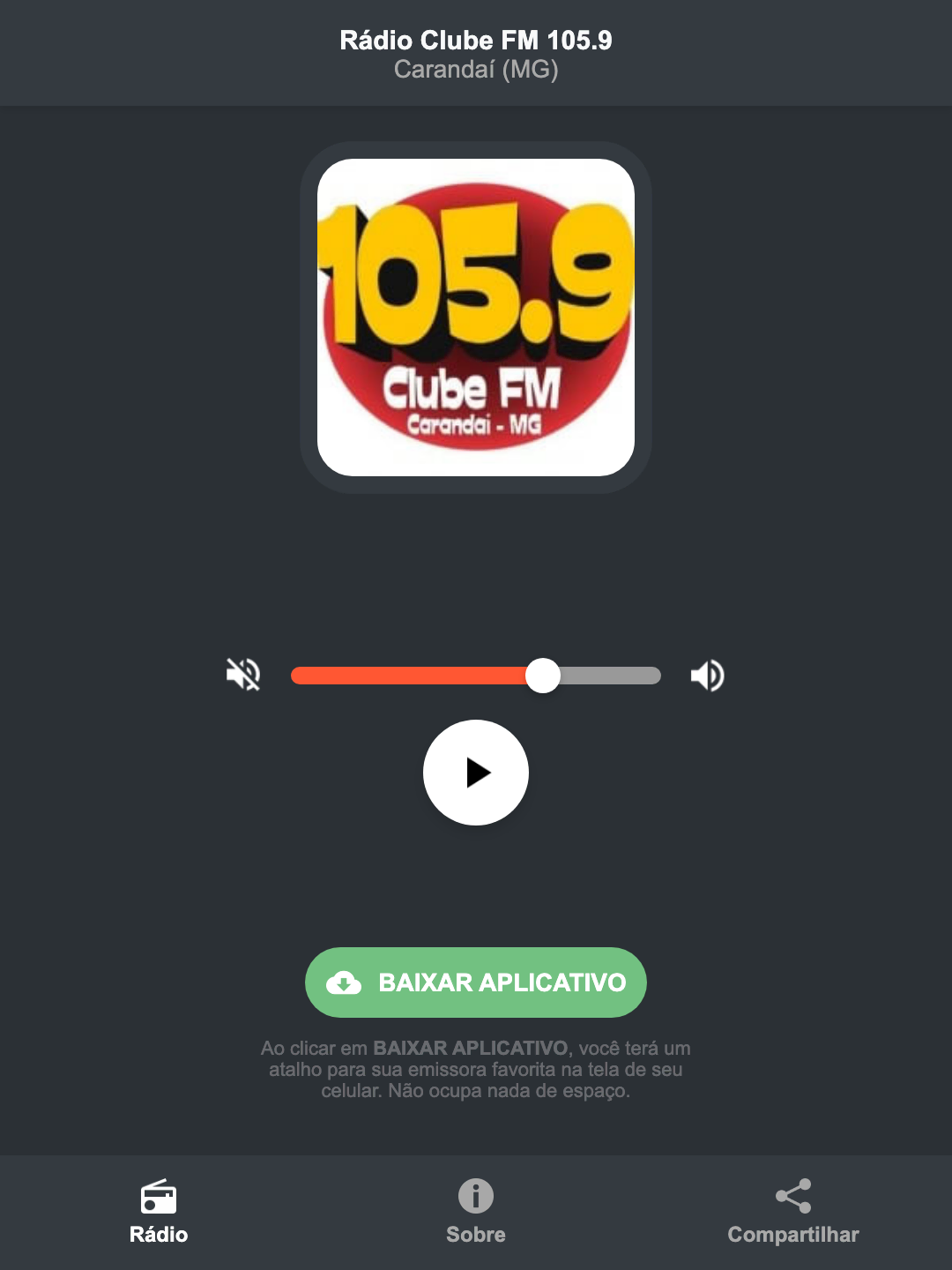 Screenshot do aplicativo da Rádio Clube FM 105.9