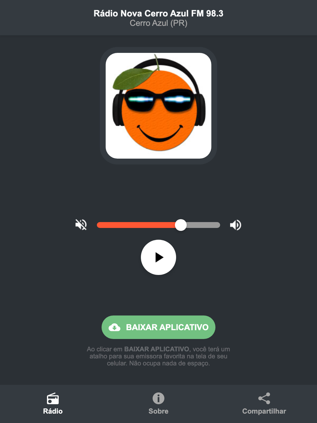 Screenshot do aplicativo da Rádio Nova Cerro Azul FM 98.3