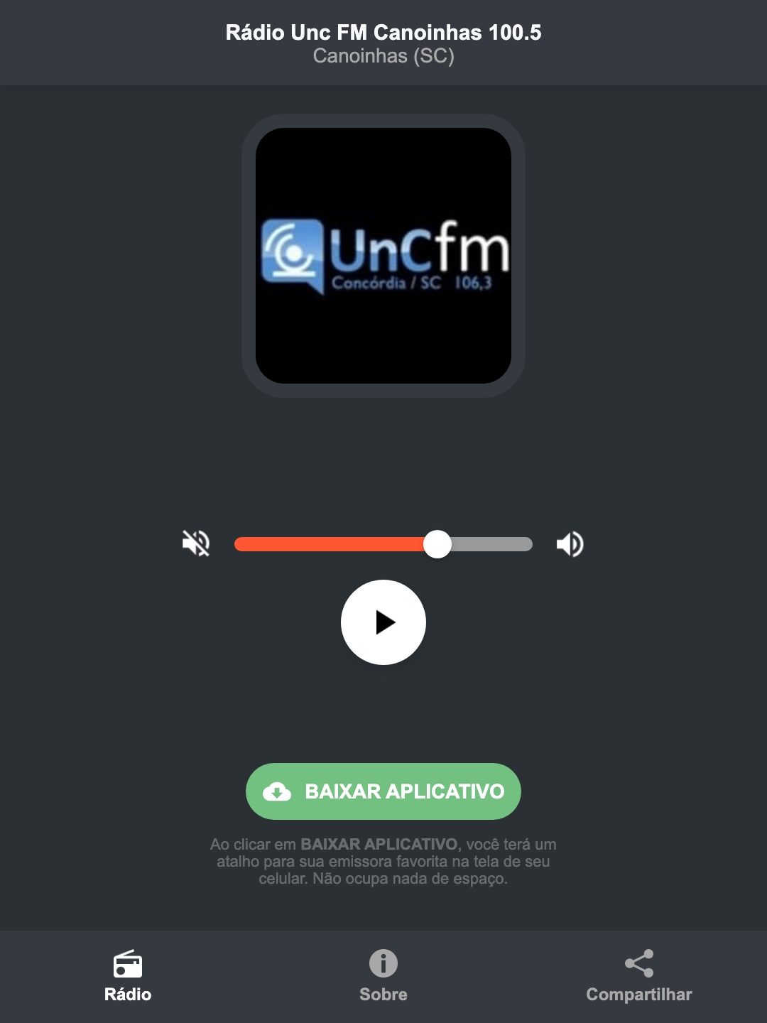 Screenshot do aplicativo da Rádio Unc FM Canoinhas 100.5