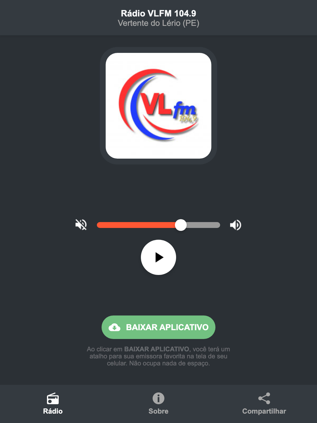 Screenshot do aplicativo da Rádio VLFM 104.9
