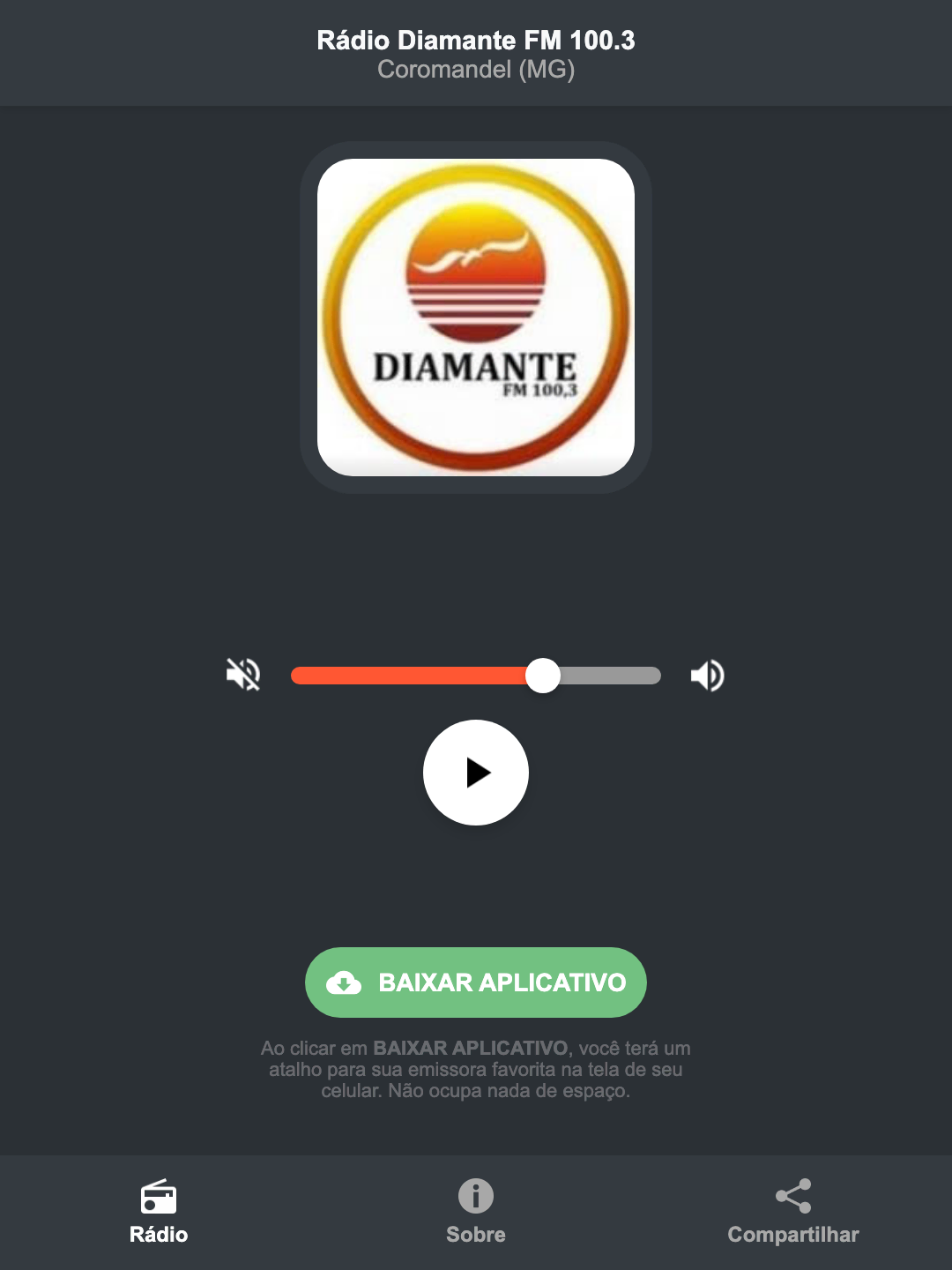 Screenshot do aplicativo da Rádio Diamante FM 100.3