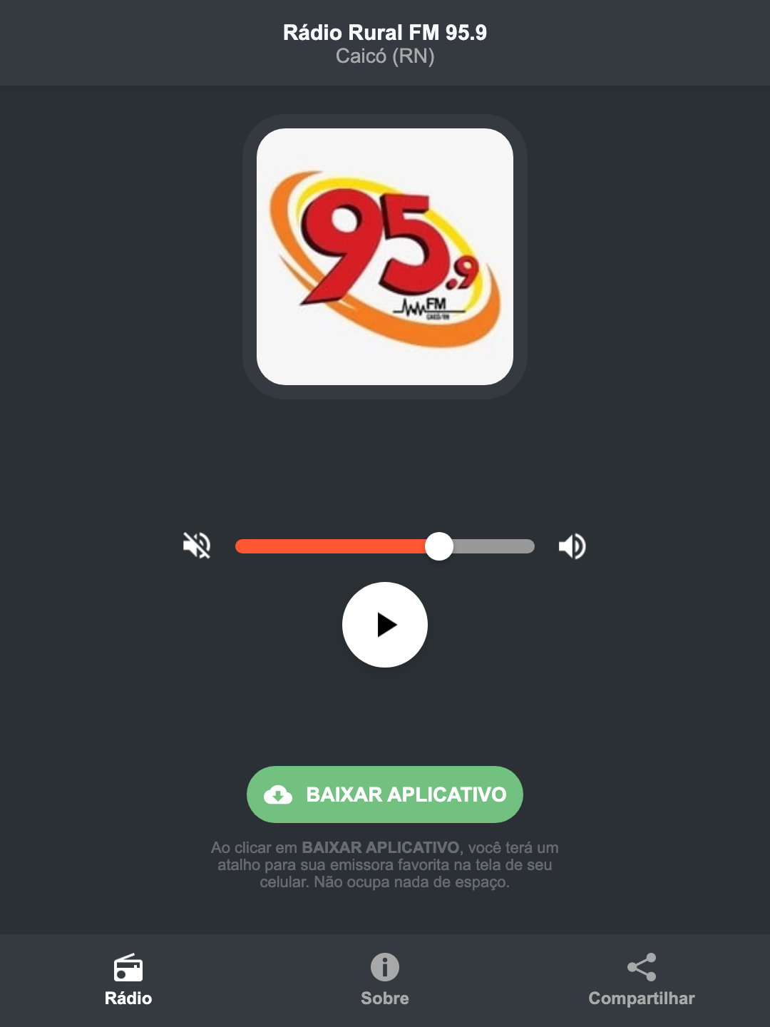 Screenshot do aplicativo da Rádio Rural FM 95.9