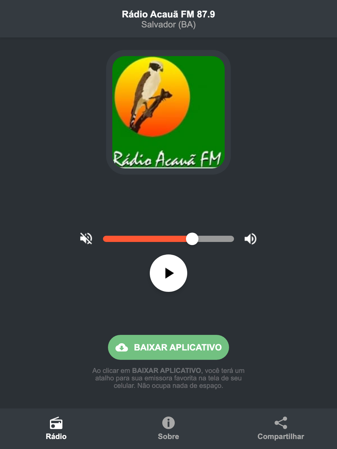 Screenshot do aplicativo da Rádio Acauã FM 87.9
