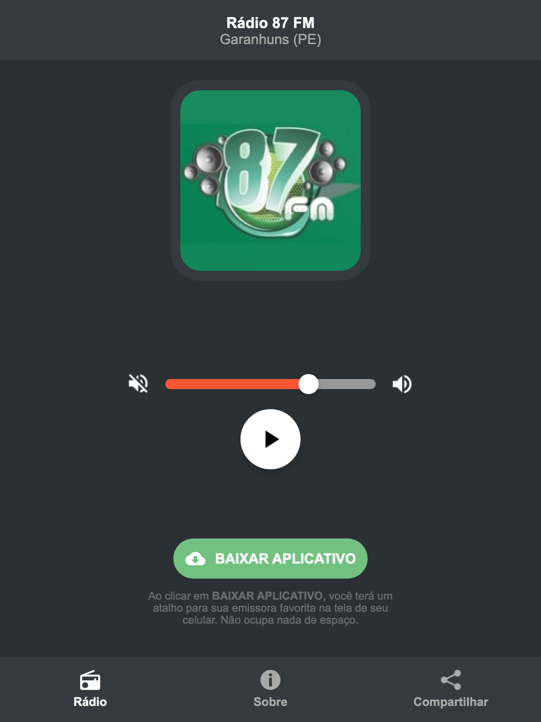 Screenshot do aplicativo da Rádio 87 FM