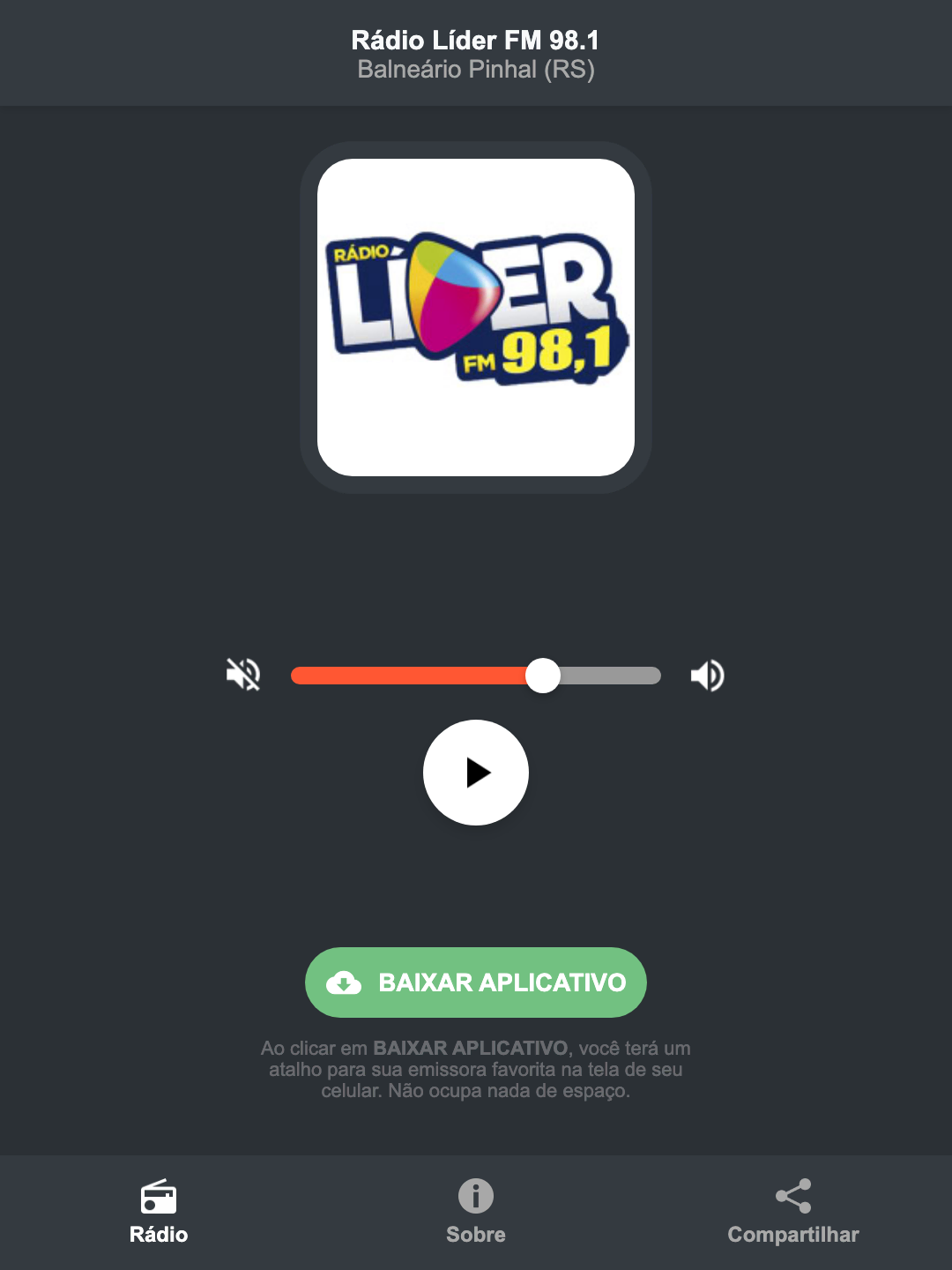 Screenshot do aplicativo da Rádio Líder FM 98.1