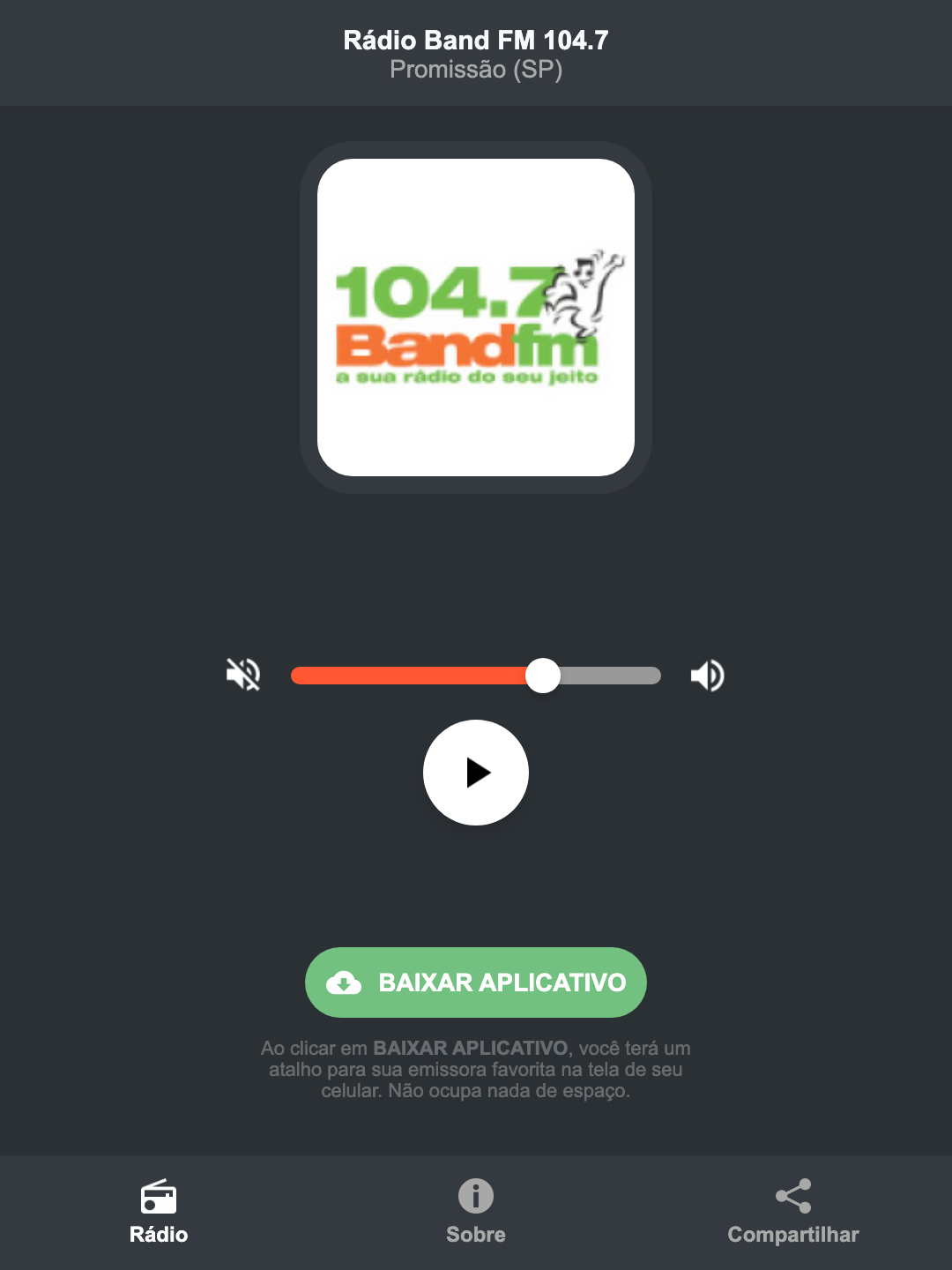 Screenshot do aplicativo da Rádio Band FM 104.7