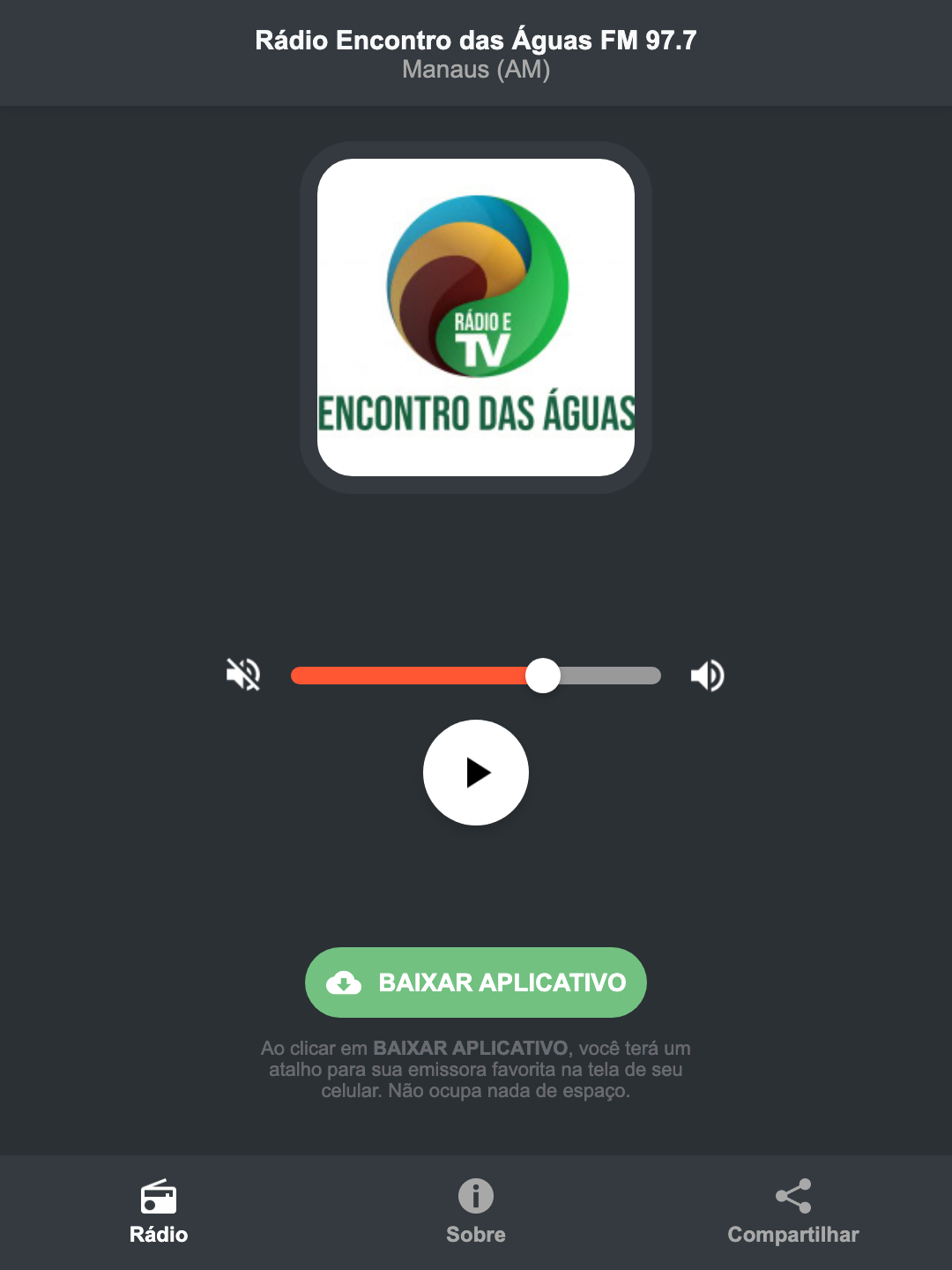 Screenshot do aplicativo da Rádio Encontro das Águas FM 97.7