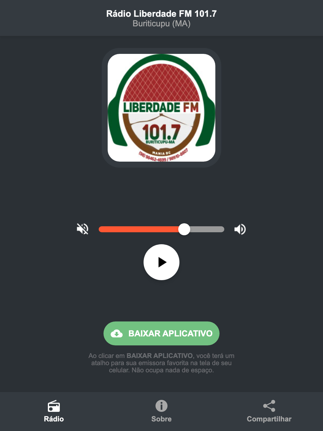 Screenshot do aplicativo da Rádio Liberdade FM 101.7