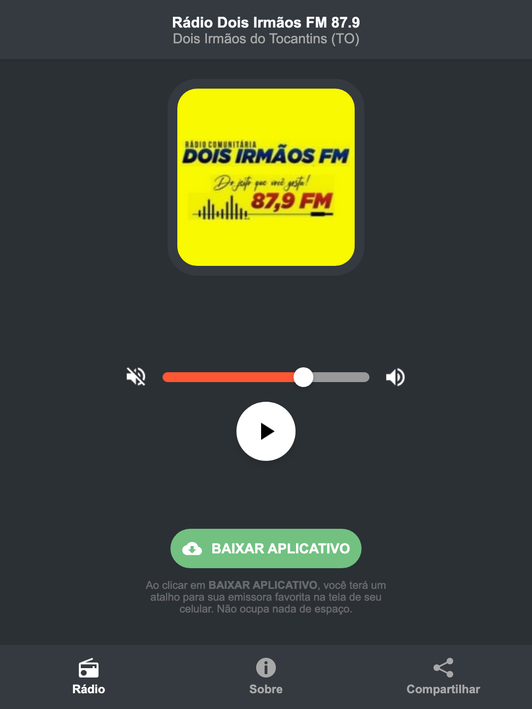 Screenshot do aplicativo da Rádio Dois Irmãos FM 87.9