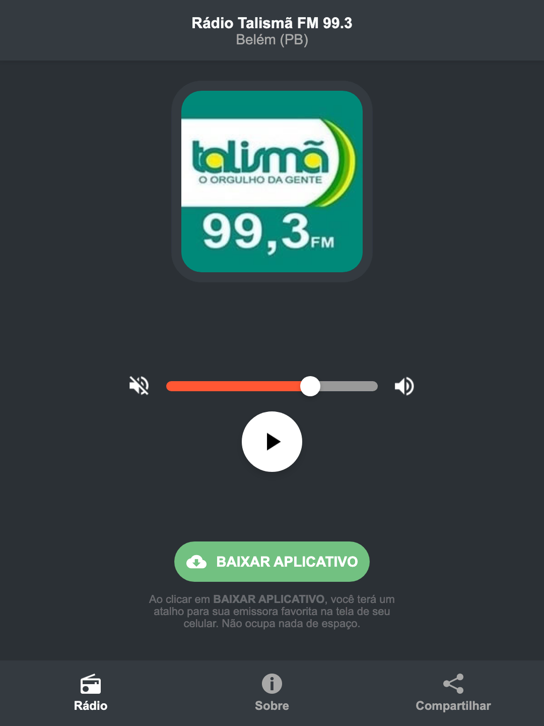 Screenshot do aplicativo da Rádio Talismã FM 99.3