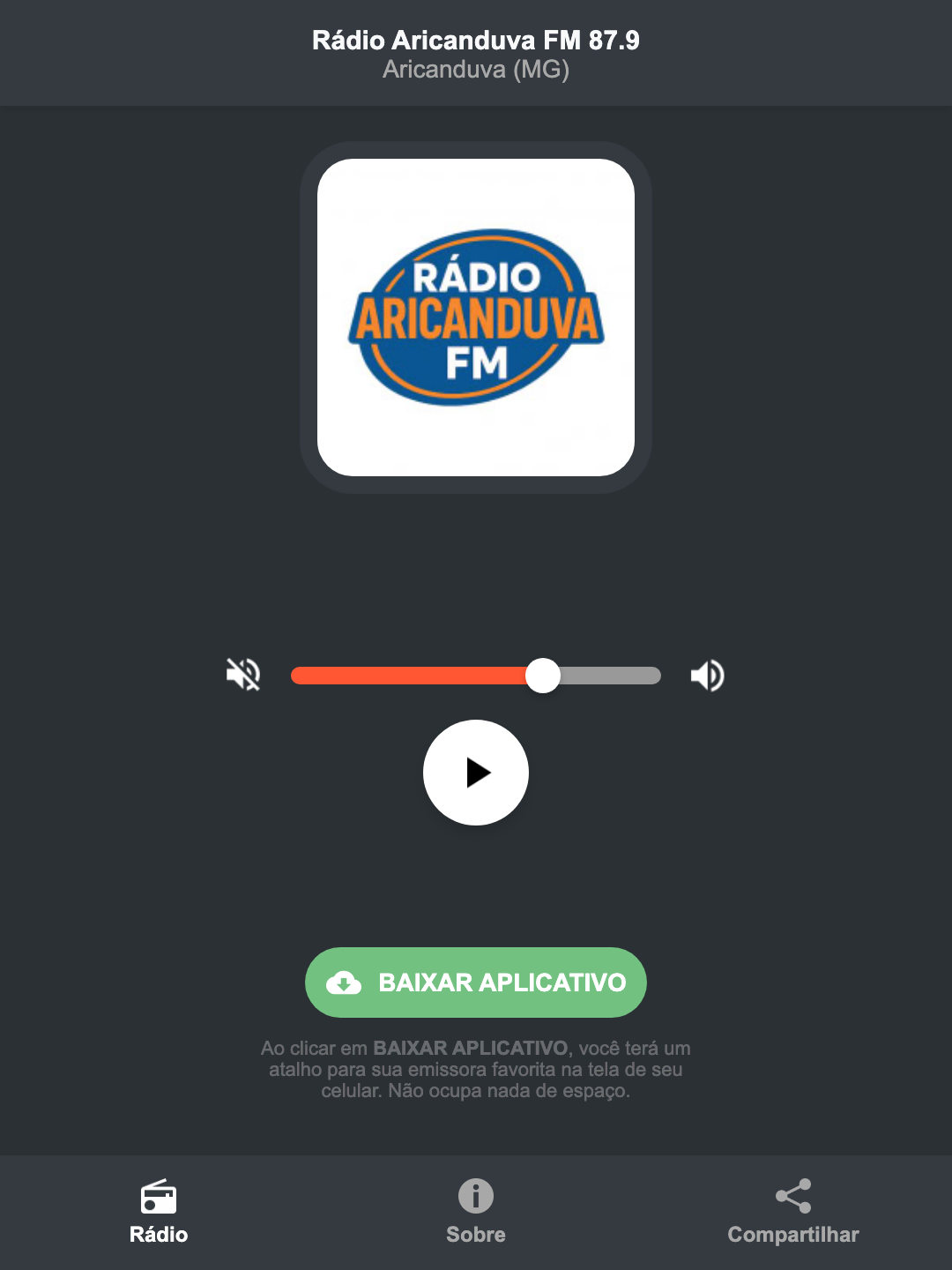 Screenshot do aplicativo da Rádio Aricanduva FM 87.9