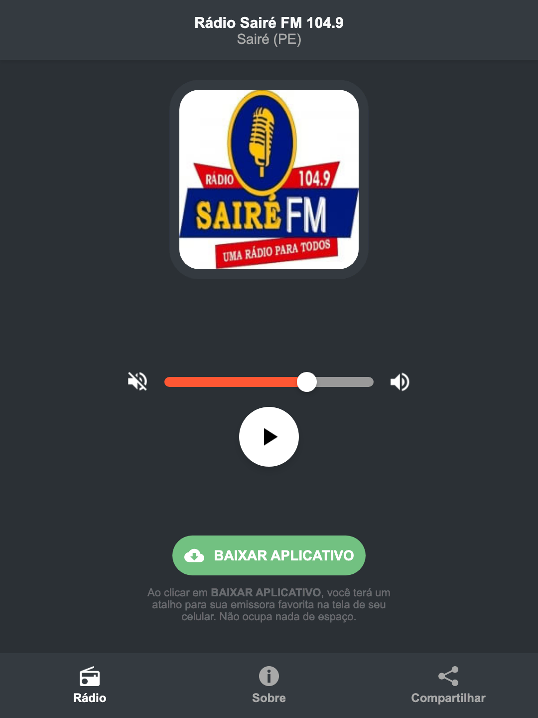Screenshot do aplicativo da Rádio Sairé FM 104.9