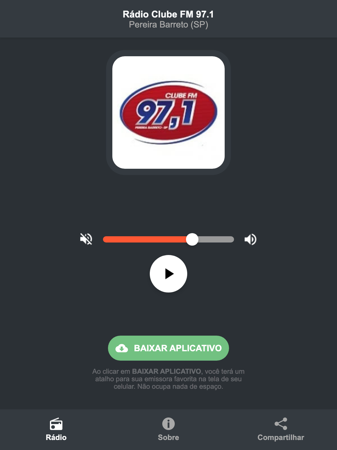 Screenshot do aplicativo da Rádio Clube FM 97.1