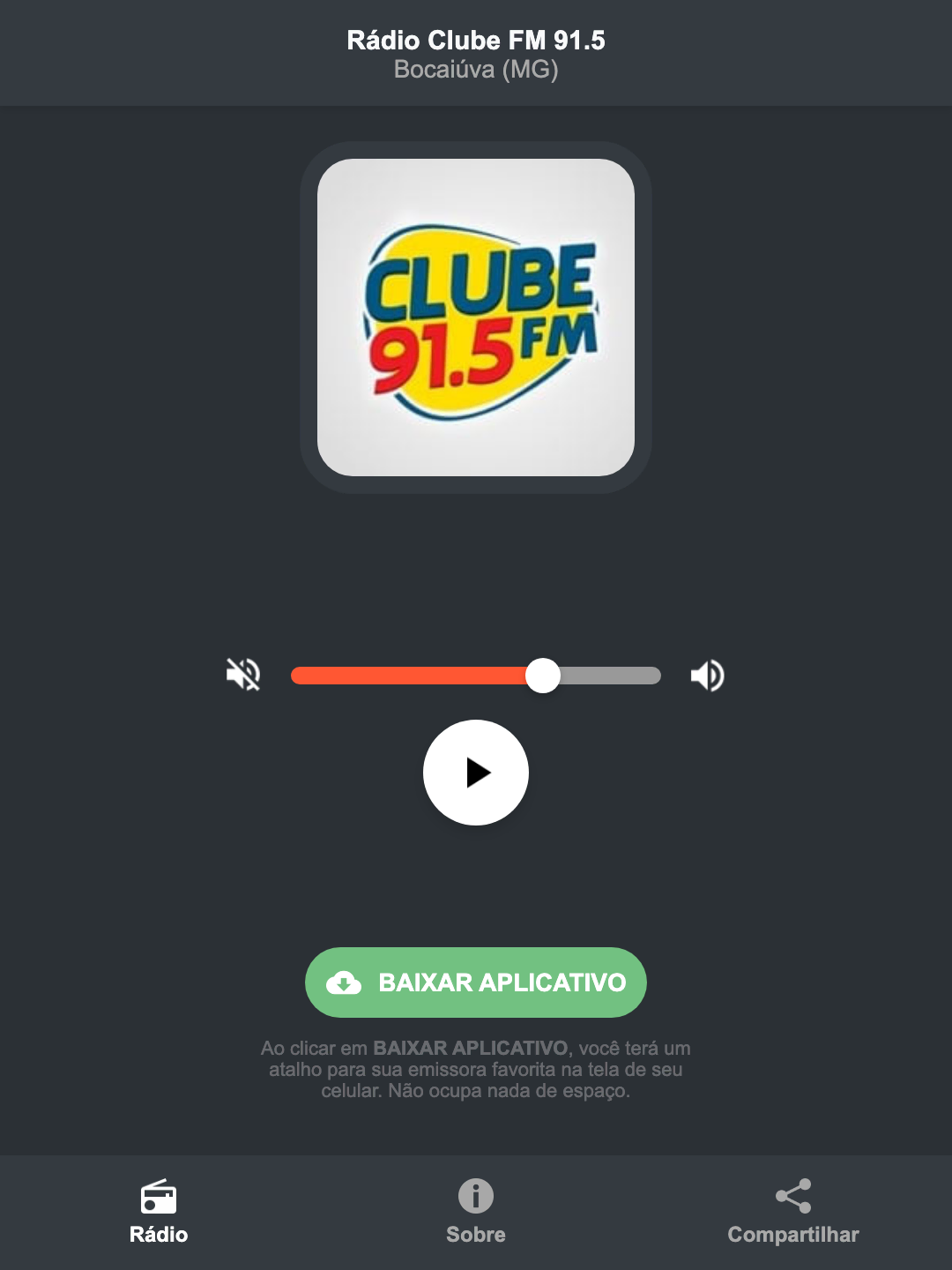 Screenshot do aplicativo da Rádio Clube FM 91.5