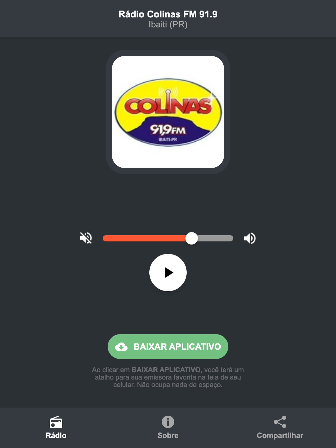 Screenshot do aplicativo da Rádio Colinas FM 91.9