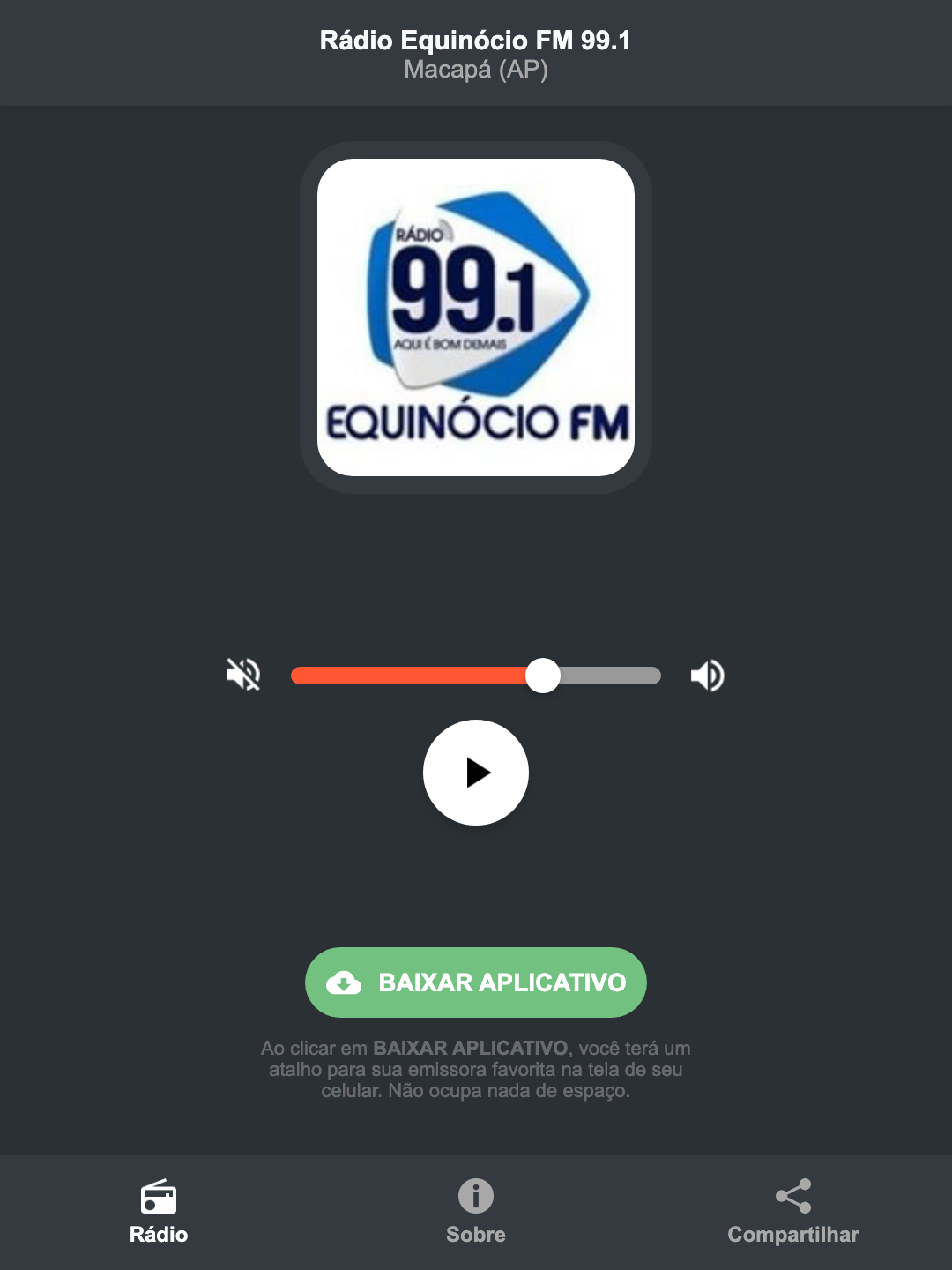 Screenshot do aplicativo da Rádio Equinócio FM 99.1