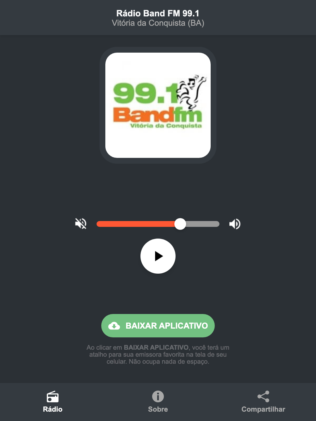 Screenshot do aplicativo da Rádio Band FM 99.1