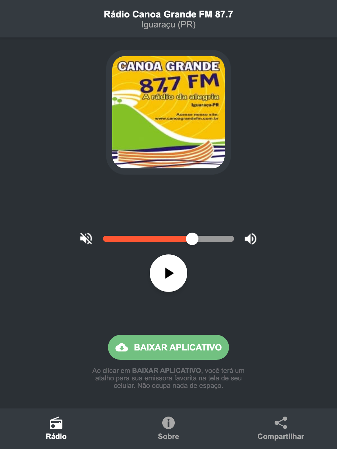Screenshot do aplicativo da Rádio Canoa Grande FM 87.7