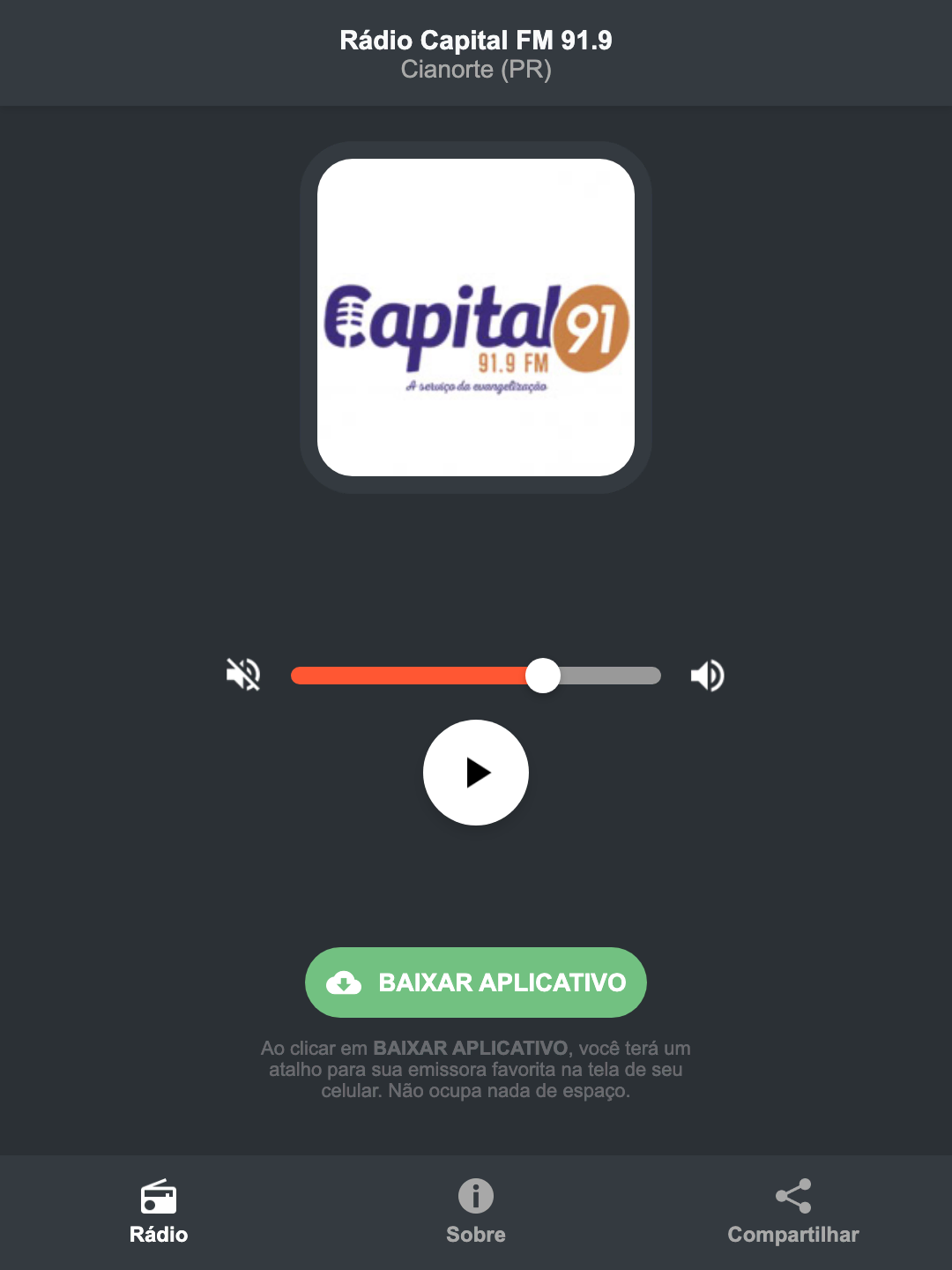 Screenshot do aplicativo da Rádio Capital FM 91.9