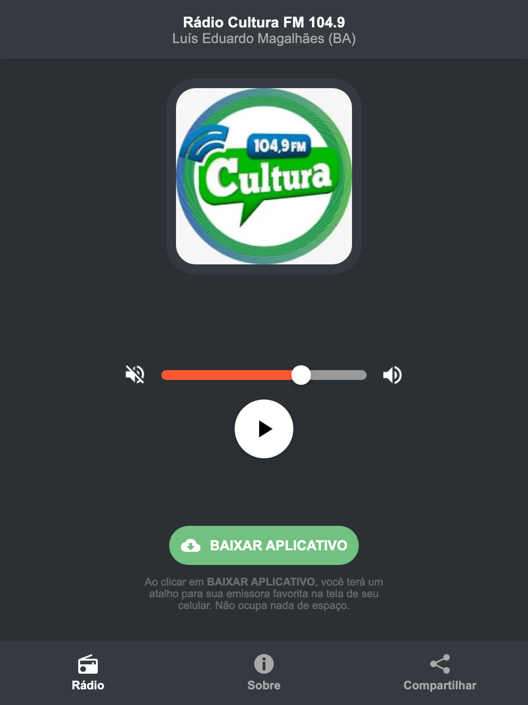 Screenshot do aplicativo da Rádio Cultura FM 104.9
