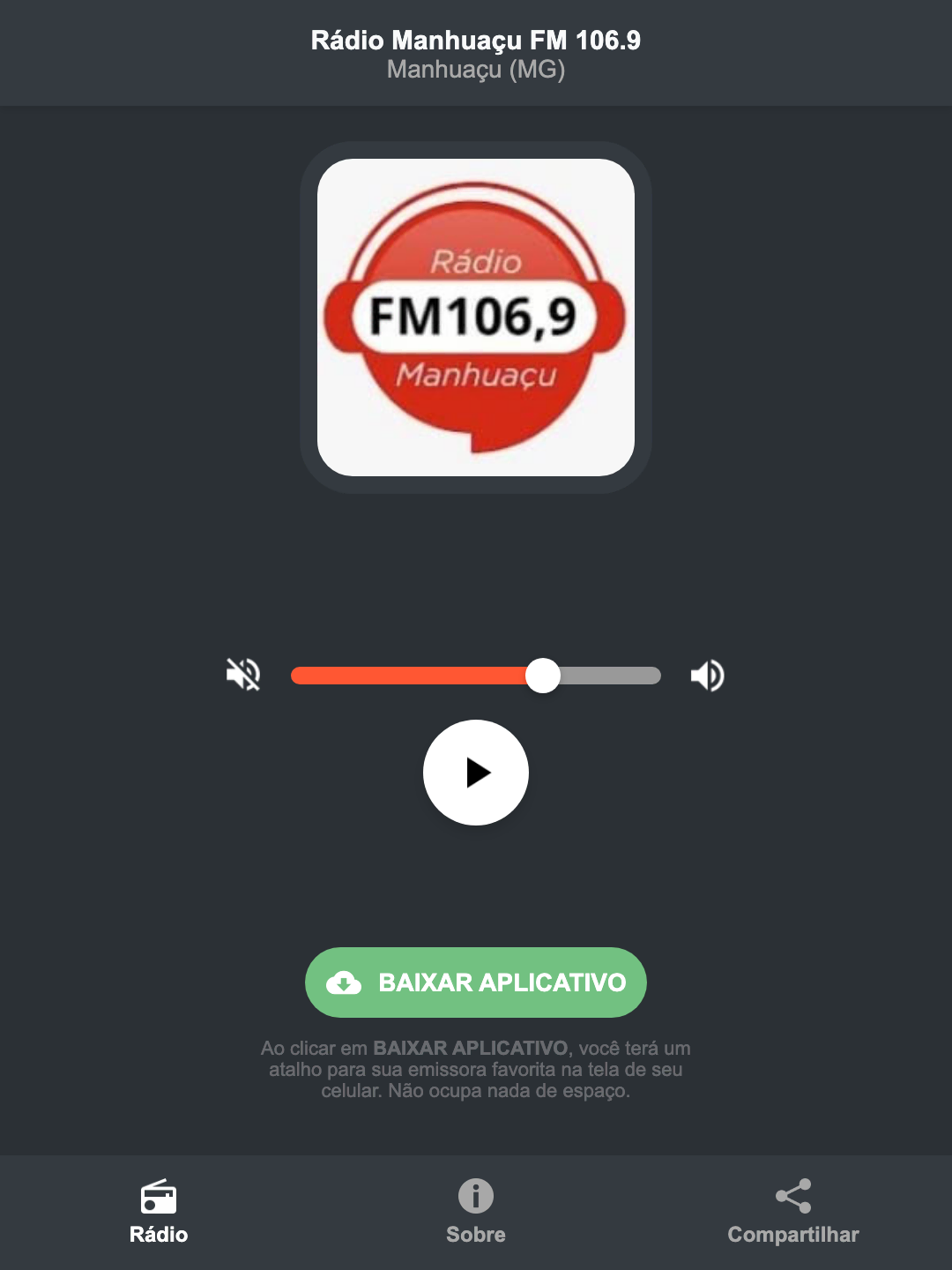 Screenshot do aplicativo da Rádio Manhuaçu FM 106.9