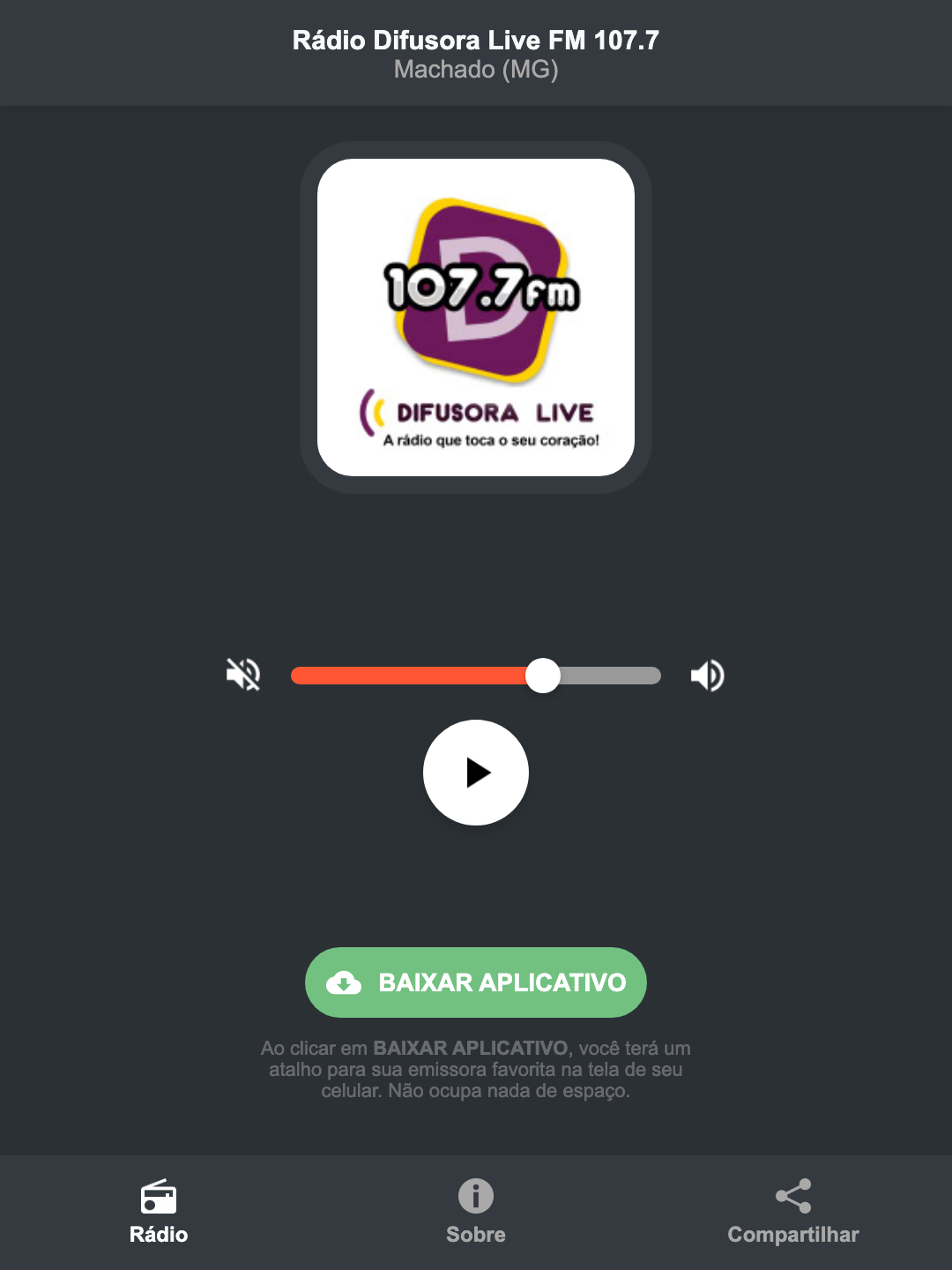 Screenshot do aplicativo da Rádio Difusora Live FM 107.7