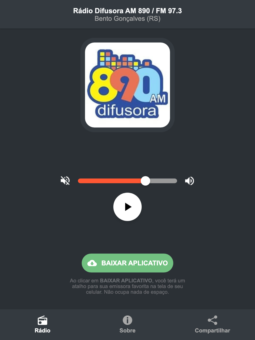 Screenshot do aplicativo da Rádio Difusora AM 890 / FM 97.3