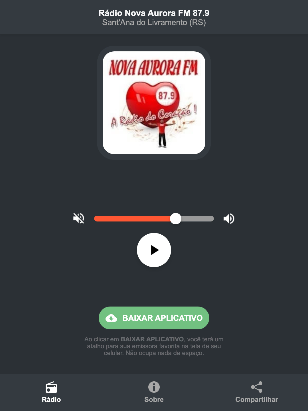 Screenshot do aplicativo da Rádio Nova Aurora FM 87.9