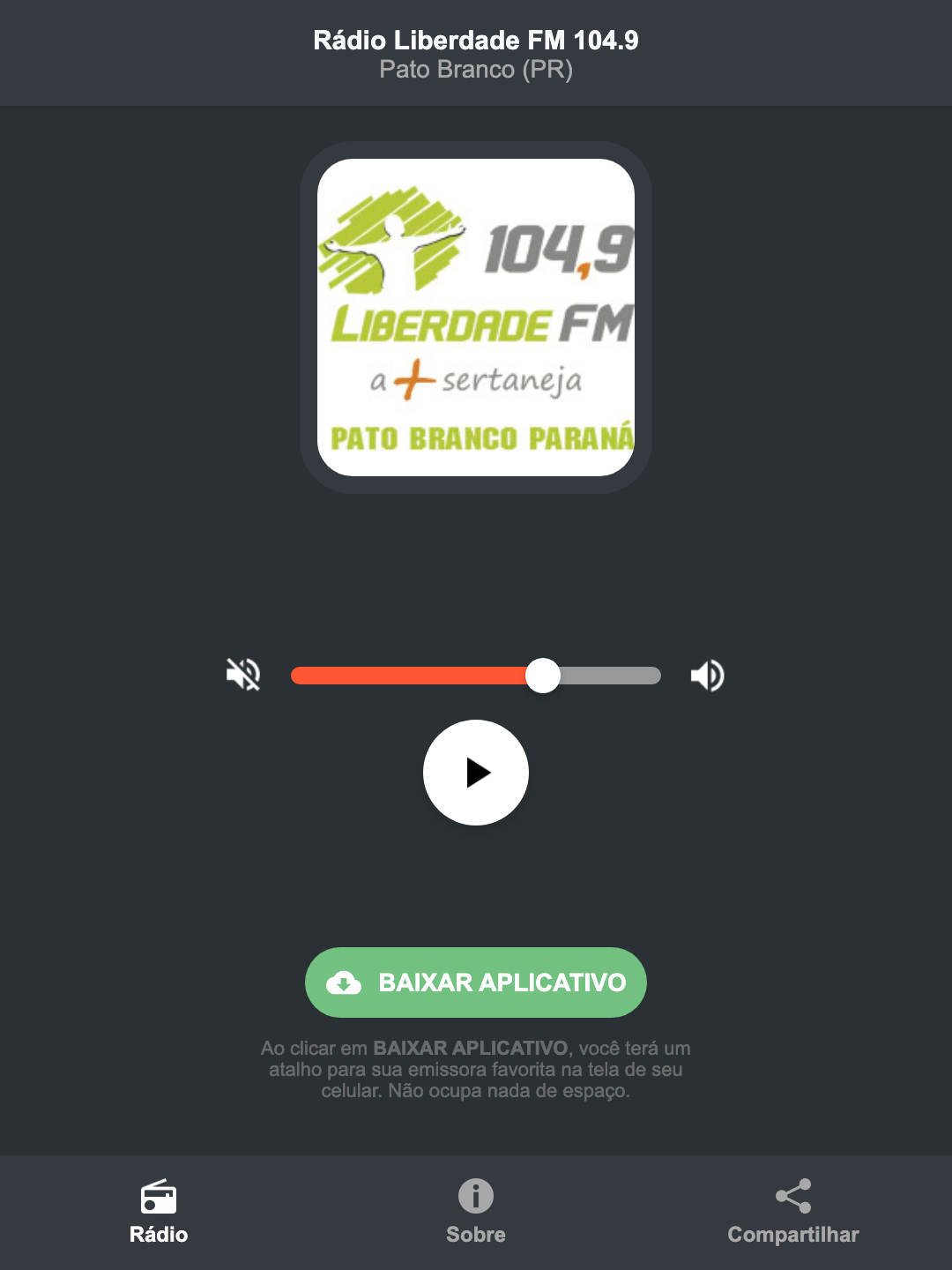 Screenshot do aplicativo da Rádio Liberdade FM 104.9