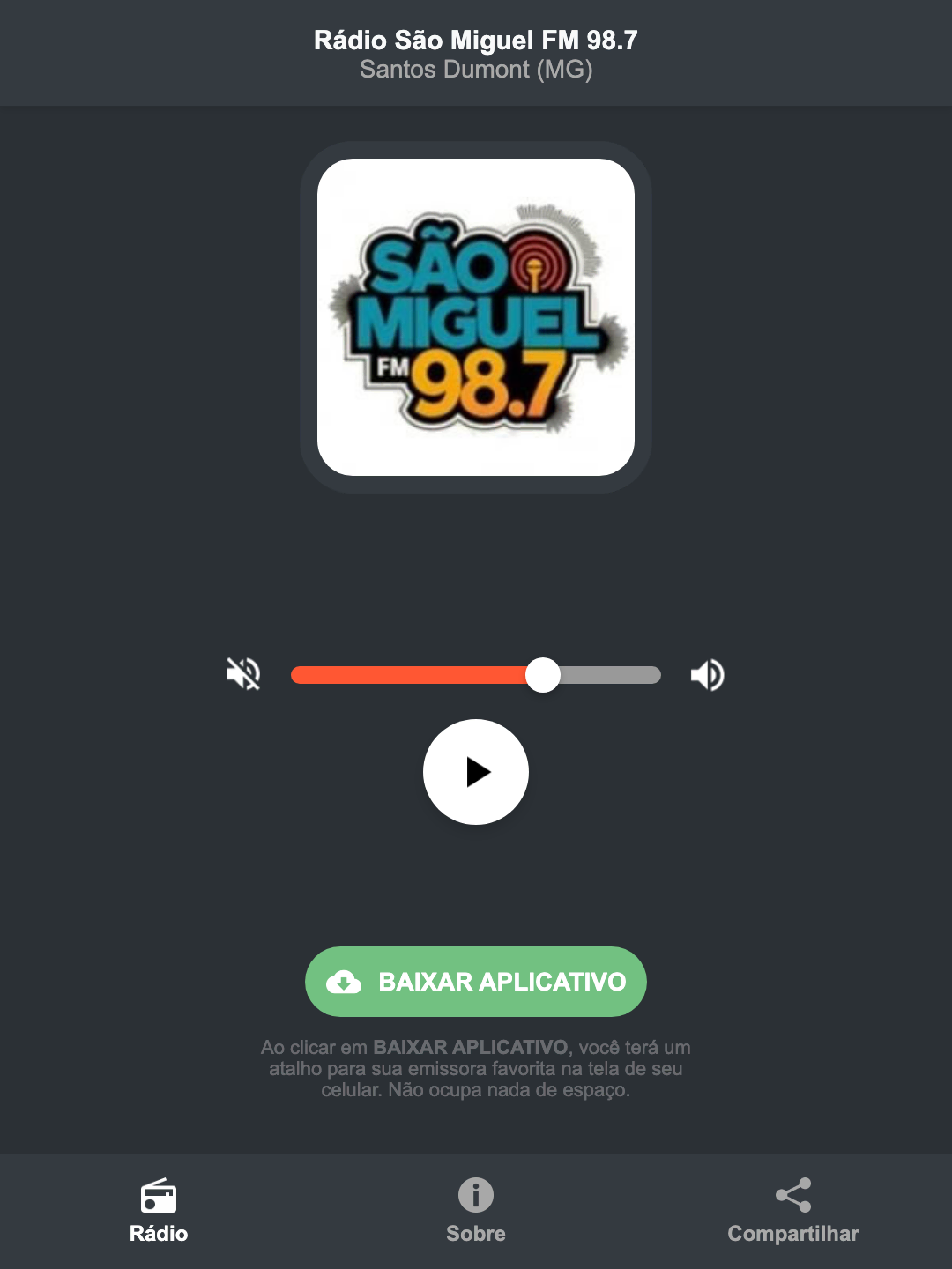 Screenshot do aplicativo da Rádio São Miguel FM 98.7