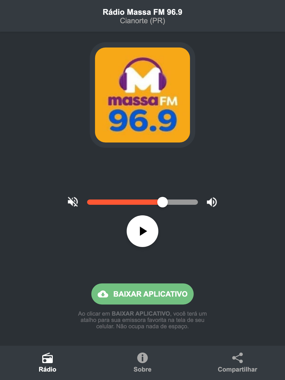 Screenshot do aplicativo da Rádio Massa FM 96.9