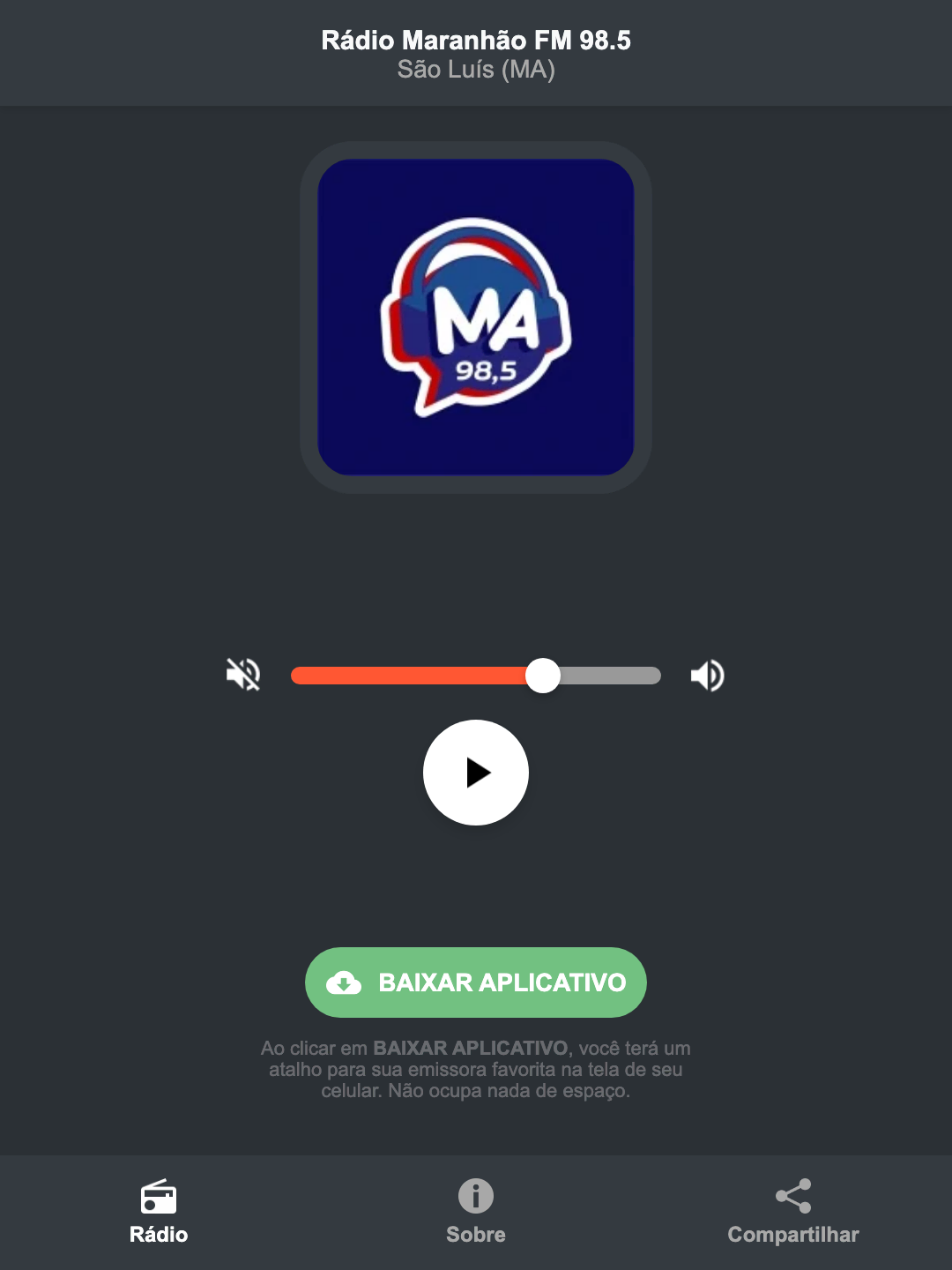 Screenshot do aplicativo da Rádio Maranhão FM 98.5