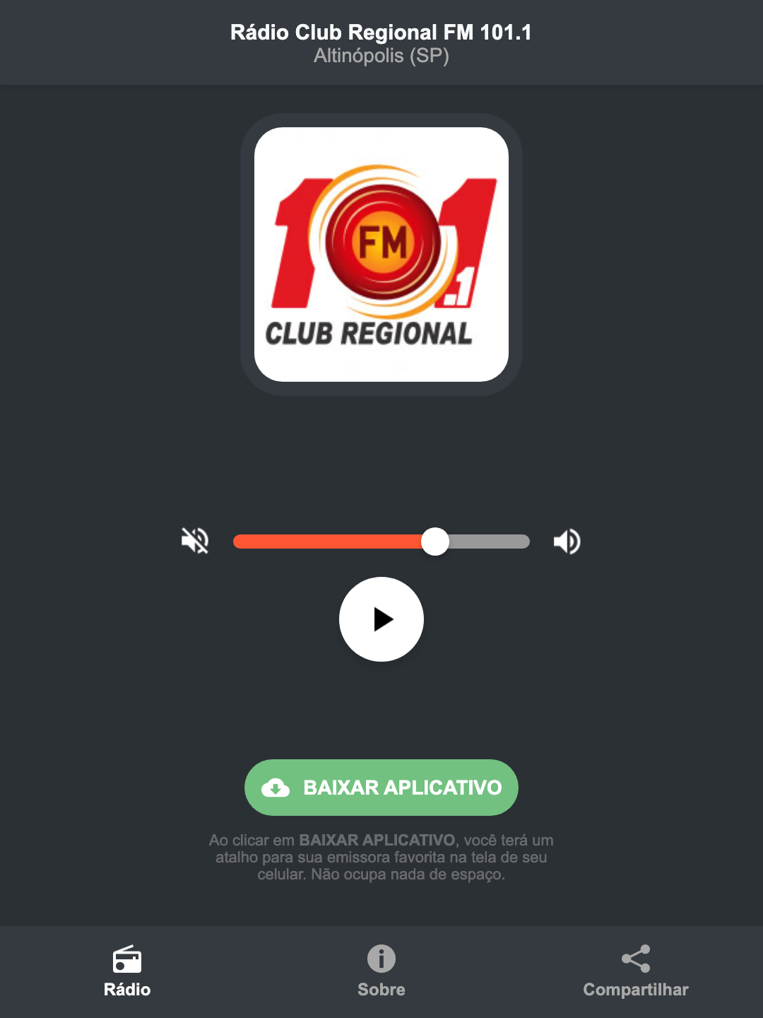 Screenshot do aplicativo da Rádio Club Regional FM 101.1