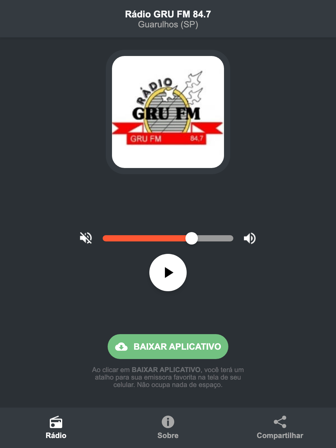Screenshot do aplicativo da Rádio GRU FM 84.7