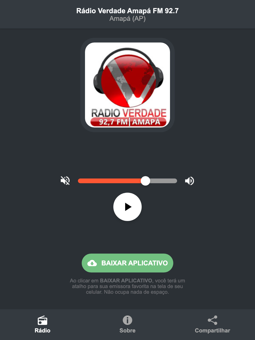 Screenshot do aplicativo da Rádio Verdade Amapá FM 92.7