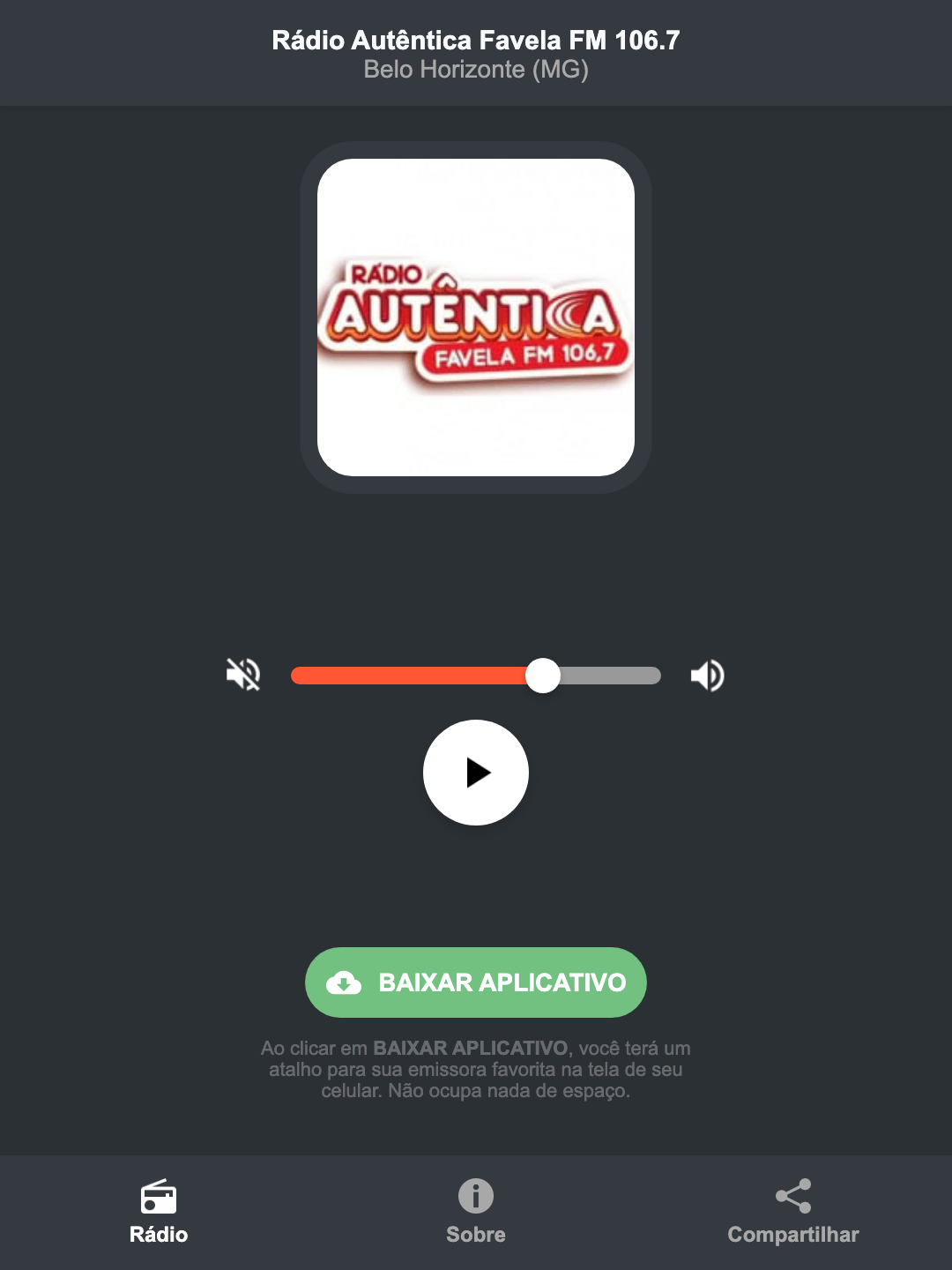 Screenshot do aplicativo da Rádio Autêntica Favela FM 106.7