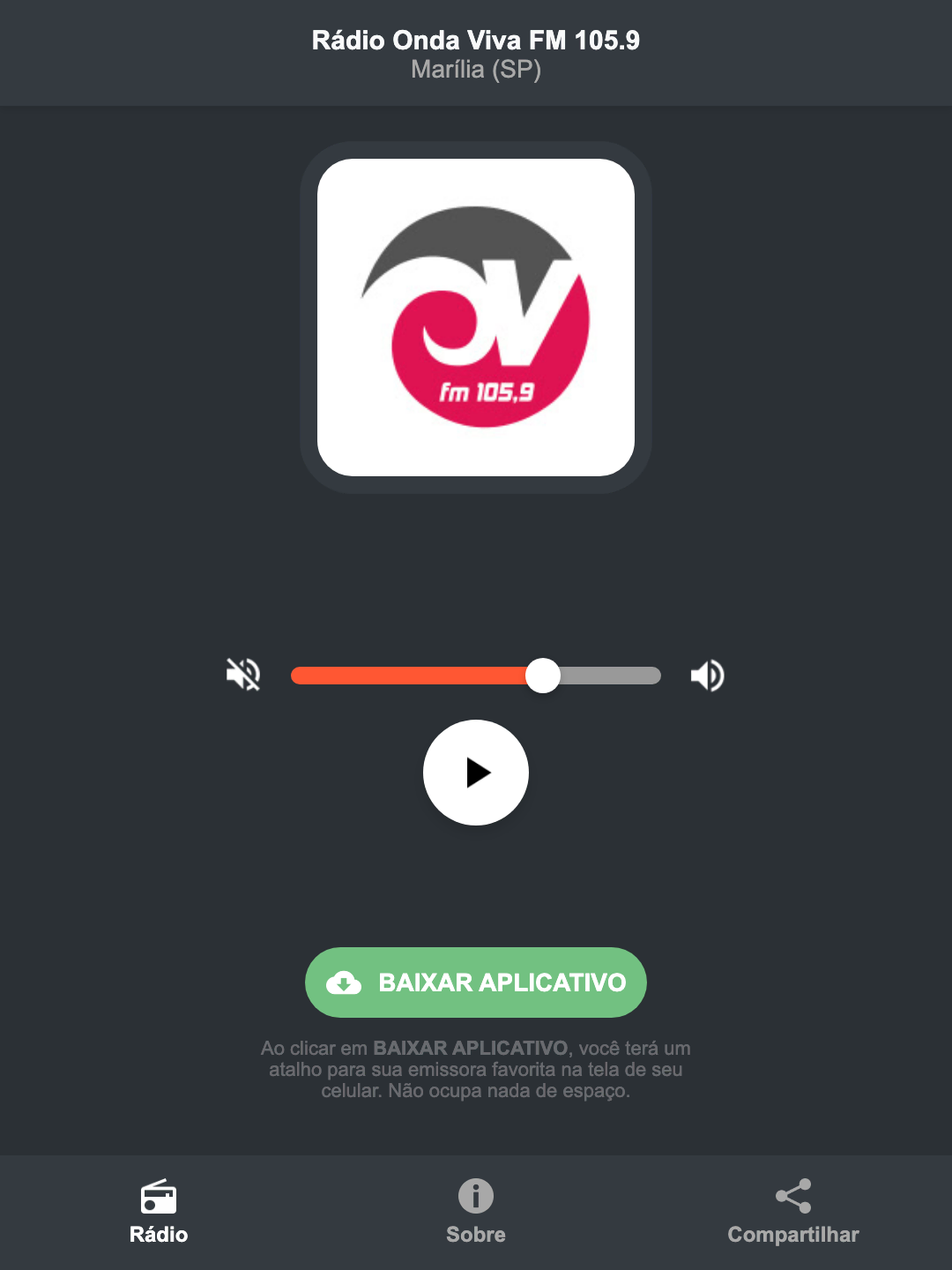 Screenshot do aplicativo da Rádio Onda Viva FM 105.9