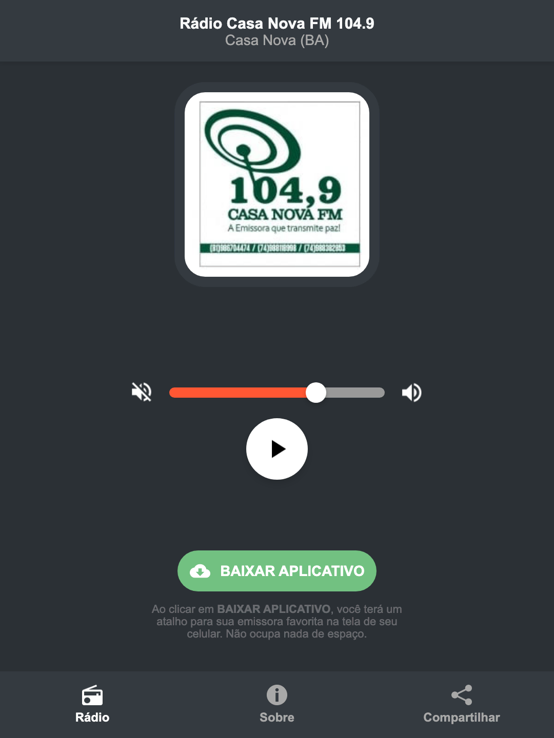 Screenshot do aplicativo da Rádio Casa Nova FM 104.9