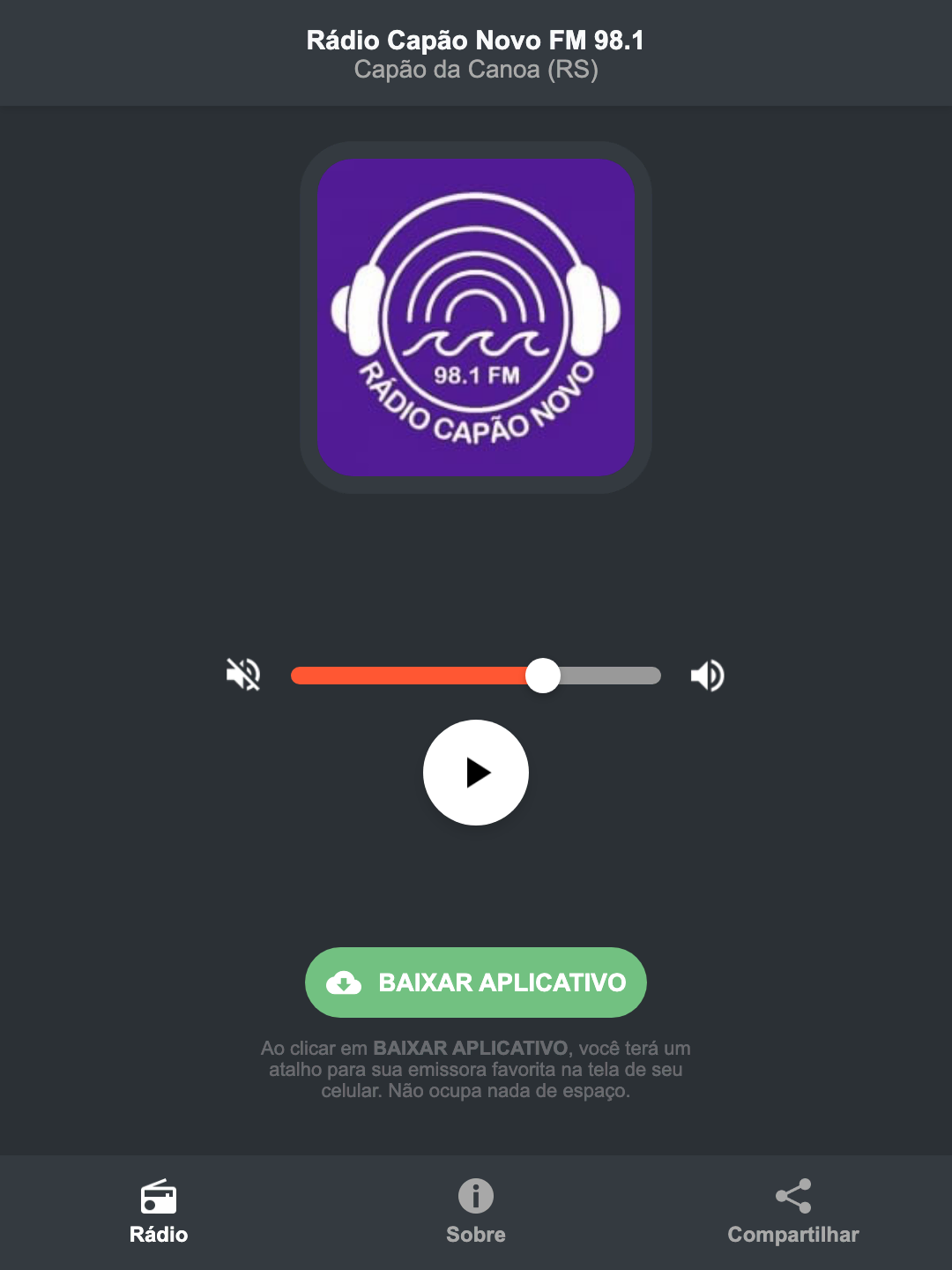 Screenshot do aplicativo da Rádio Capão Novo FM 98.1