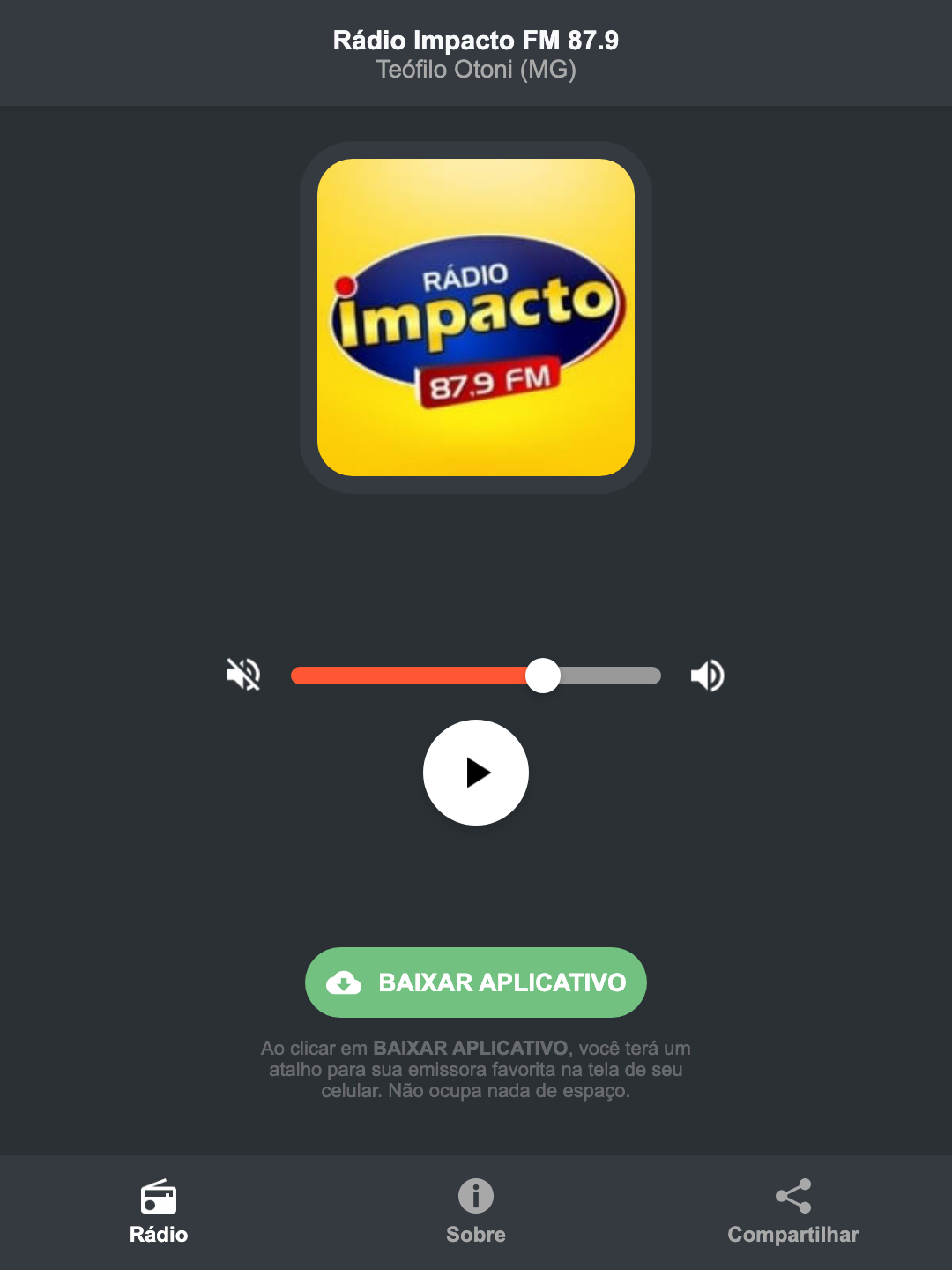 Screenshot do aplicativo da Rádio Impacto FM 87.9