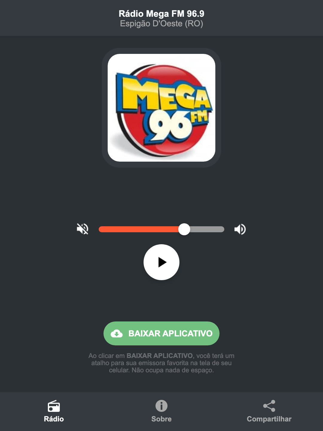 Screenshot do aplicativo da Rádio Mega FM 96.9