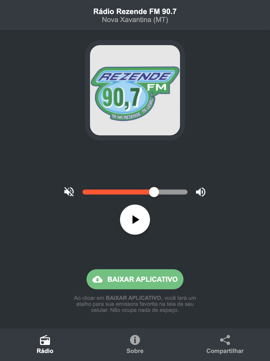 Screenshot do aplicativo da Rádio Rezende FM 90.7