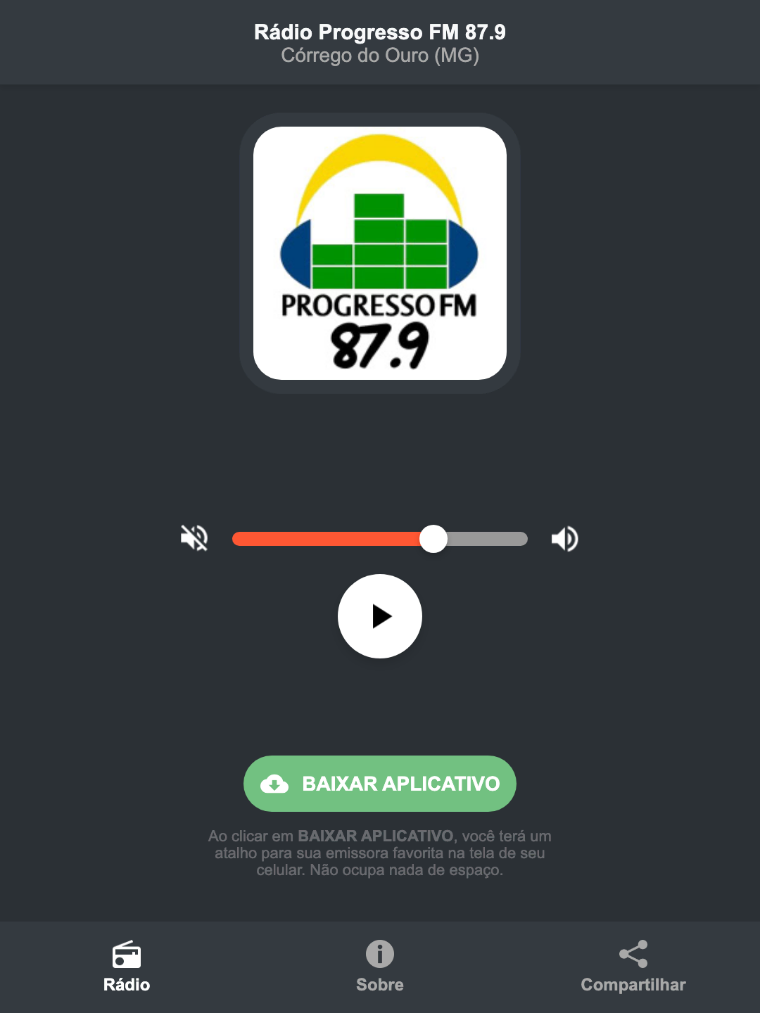 Screenshot do aplicativo da Rádio Progresso FM 87.9