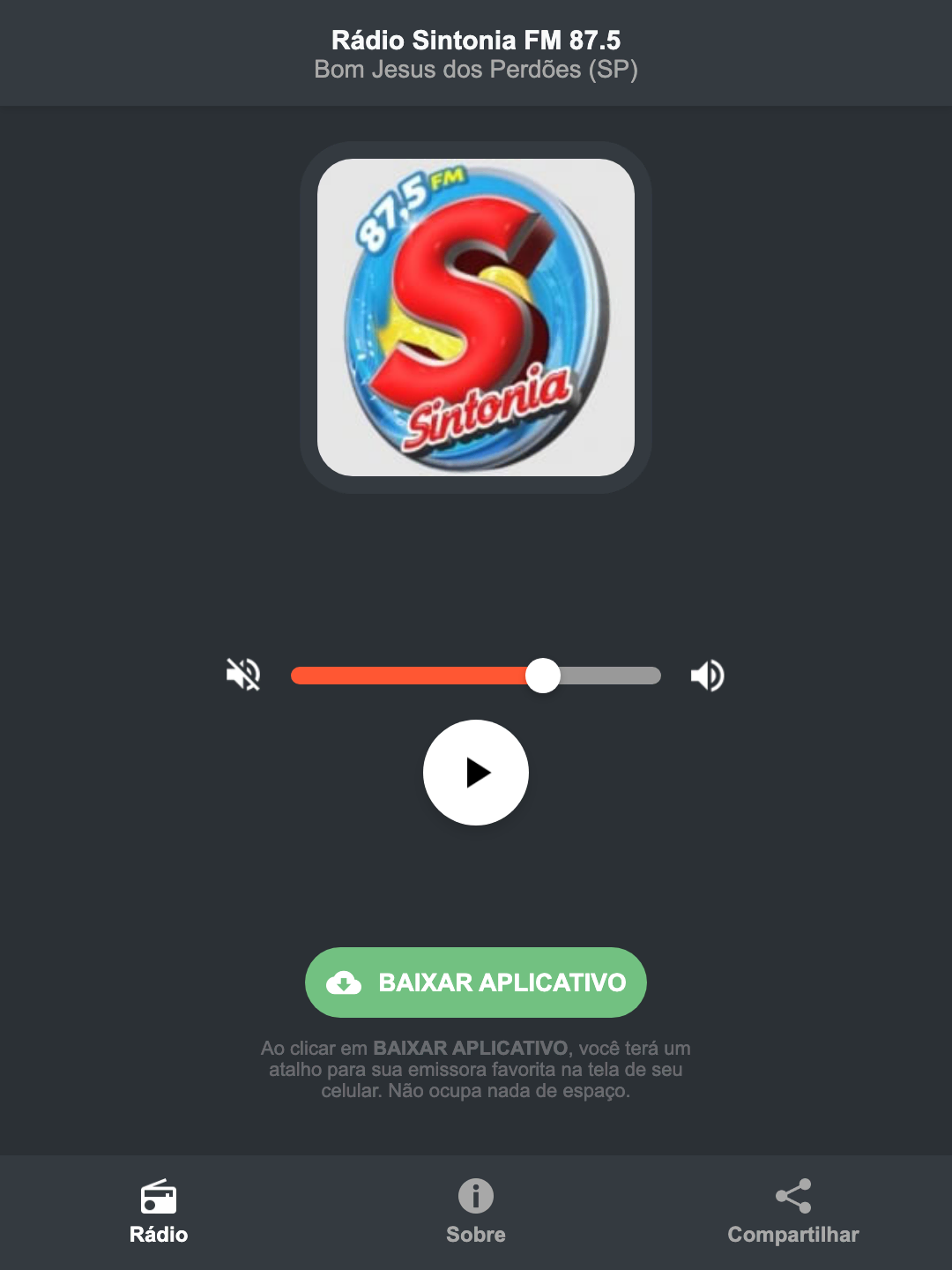 Screenshot do aplicativo da Rádio Sintonia FM 87.5