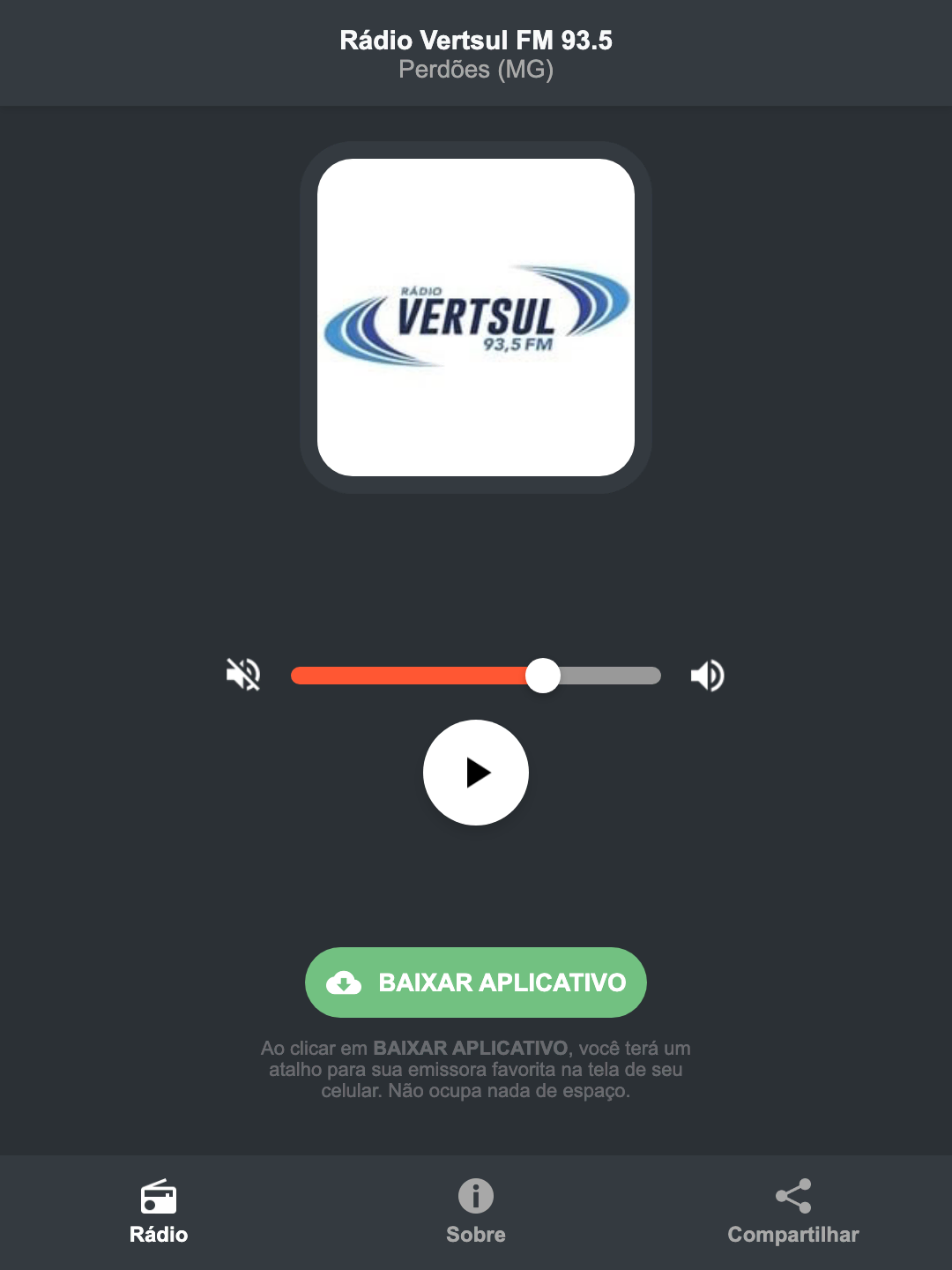 Screenshot do aplicativo da Rádio Vertsul FM 93.5