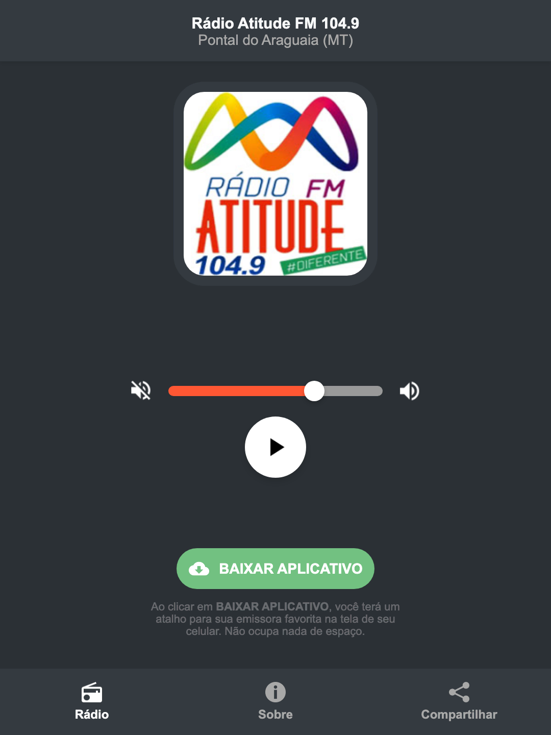 Screenshot do aplicativo da Rádio Atitude FM 104.9