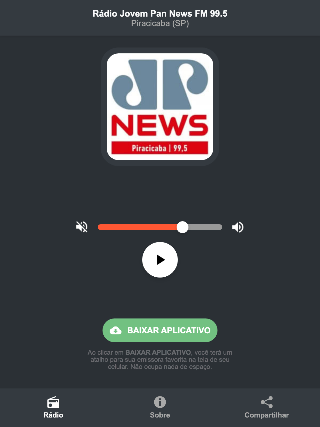 Screenshot do aplicativo da Rádio Jovem Pan News FM 99.5