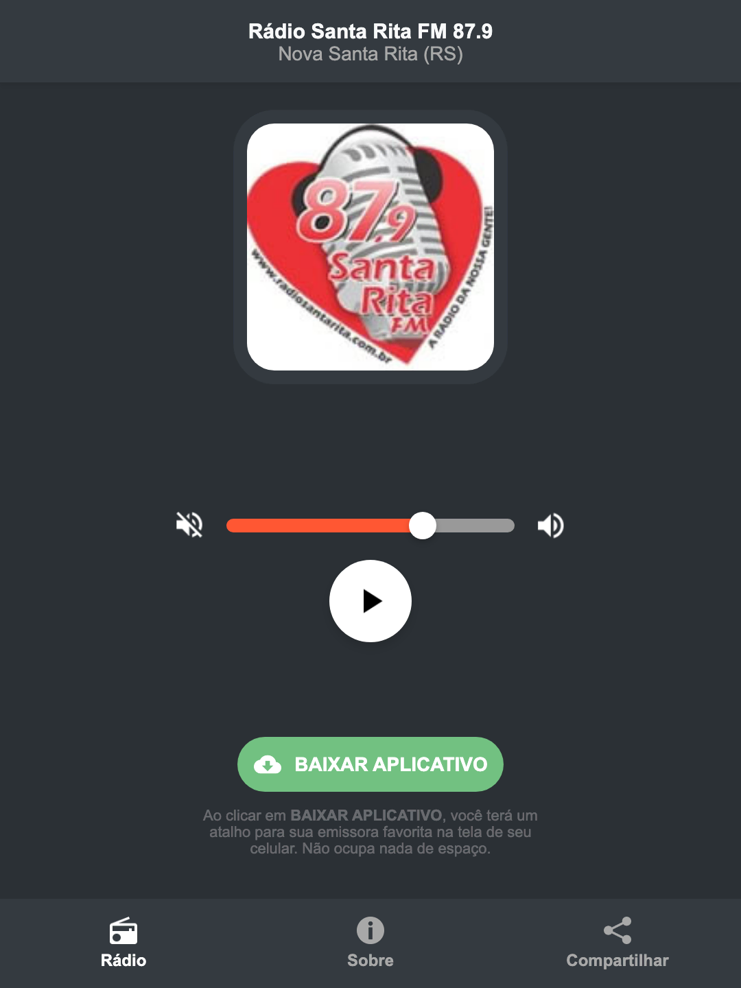 Screenshot do aplicativo da Rádio Santa Rita FM 87.9