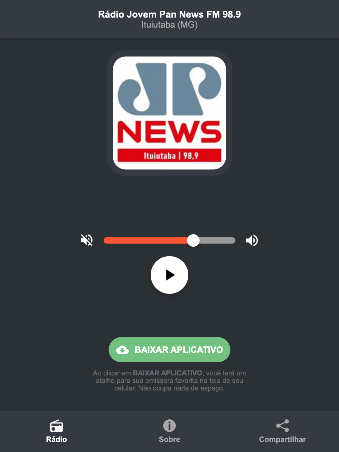 Screenshot do aplicativo da Rádio Jovem Pan News FM 98.9