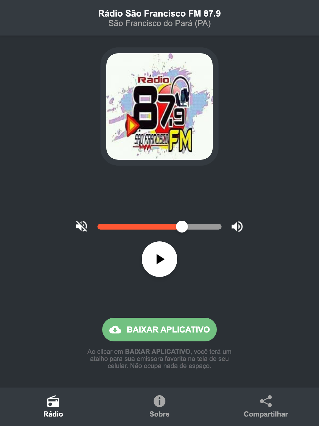 Screenshot do aplicativo da Rádio São Francisco FM 87.9